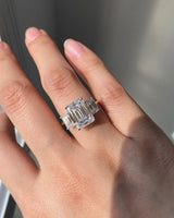 Three Stone 7.10 Ct Emerald Cut Moissanite Engagement Ring