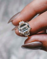 Three Stone 5 Ct Emerald Cut Moissanite Engagement Ring